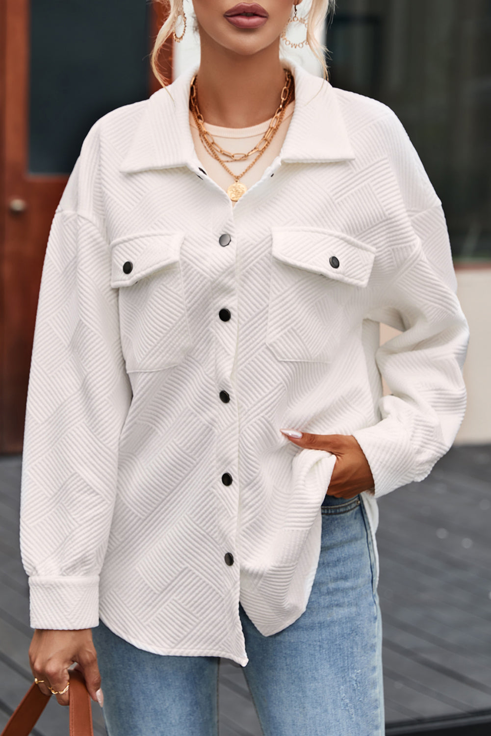 Rosalie Textured Flap Pocket Buttoned Shacket - Stylish Layer for Transitional Seasons-4