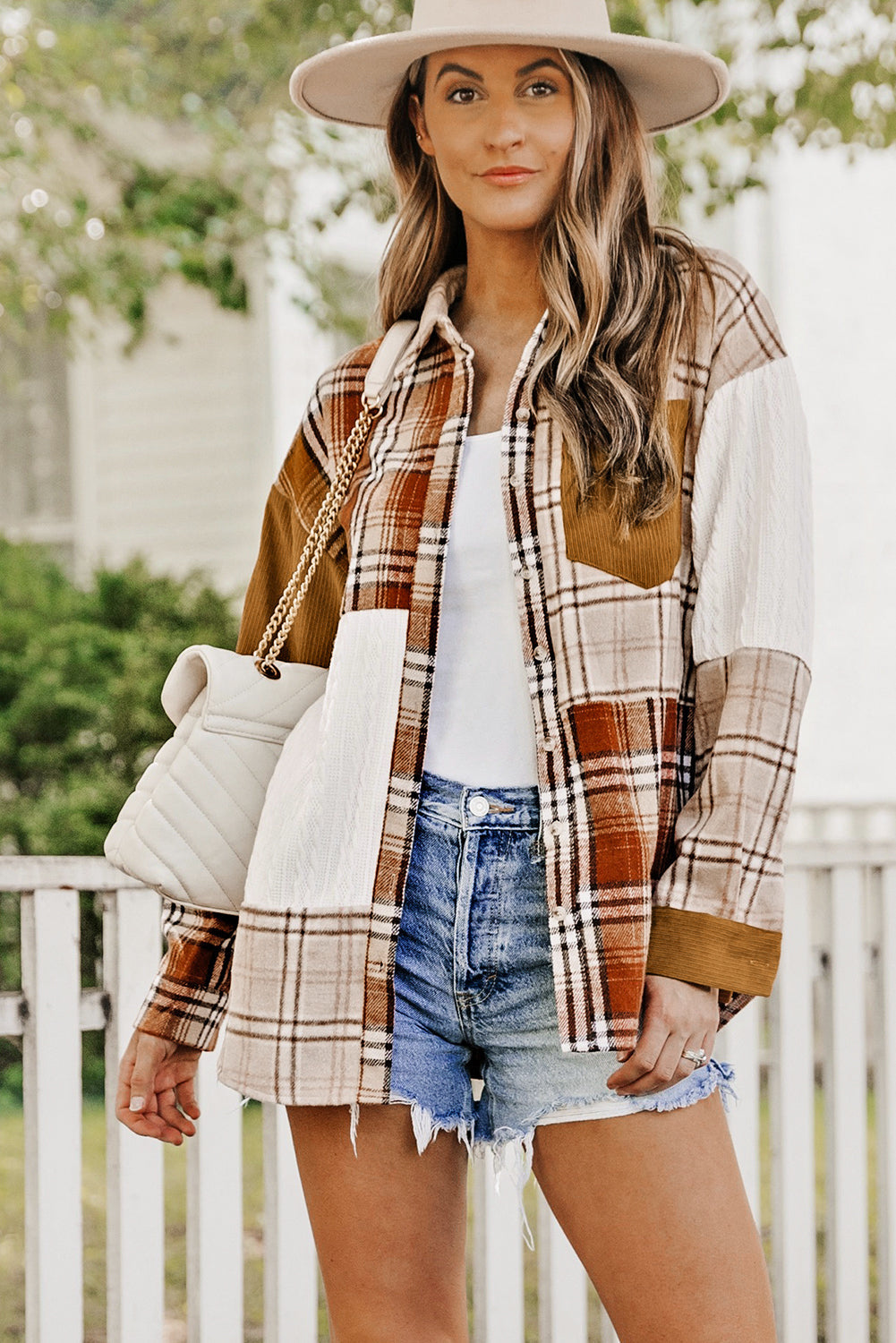 Sutton Plaid Color Block Patchwork Shirt Jacket with Pocket-3