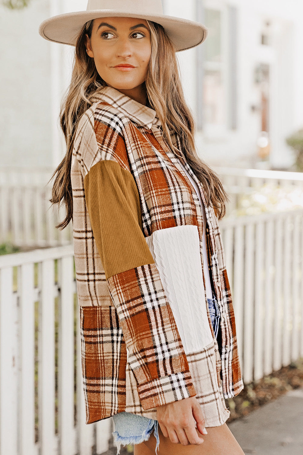 Sutton Plaid Color Block Patchwork Shirt Jacket with Pocket-2