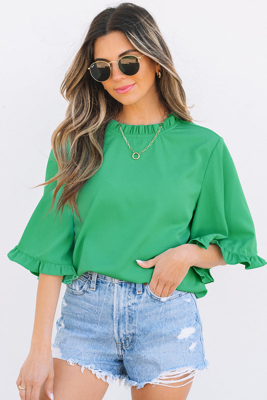 Holland Frilly Half Sleeve Blouse - Elegant Monochromatic Top with Frilly Accents & Comfortable Fit-0