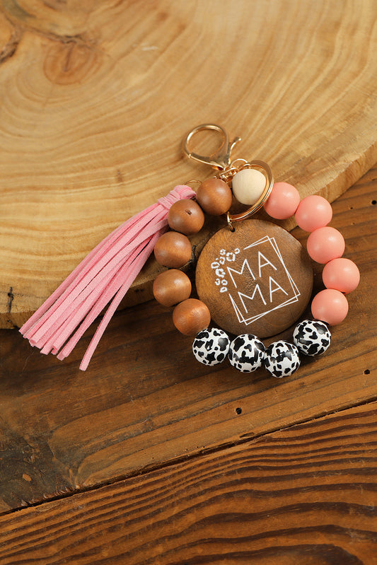 Stylish MAMA Wood Pendant Leopard Fringe Keychain - Perfect Gift for Moms