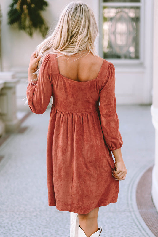 Kaylee Suede Square Neck Puff Sleeve Dress - Elegant and Sophisticated Design-1