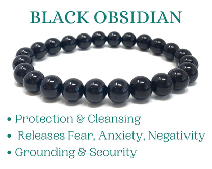8mm Black Obsidian Beaded Crystal Bracelet for Protection & Healing - Choose Your Bead Size