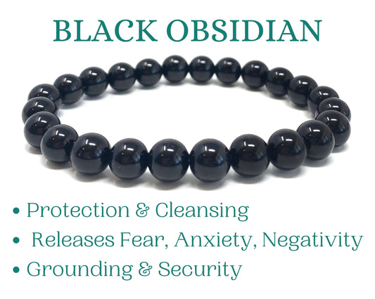 8mm Black Obsidian Beaded Crystal Bracelet for Protection & Healing - Choose Your Bead Size