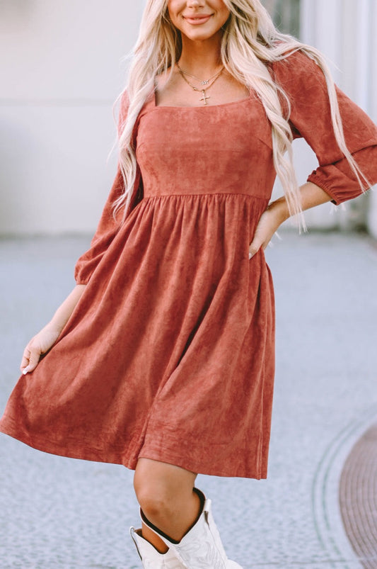 Kaylee Suede Square Neck Puff Sleeve Dress - Elegant and Sophisticated Design-0